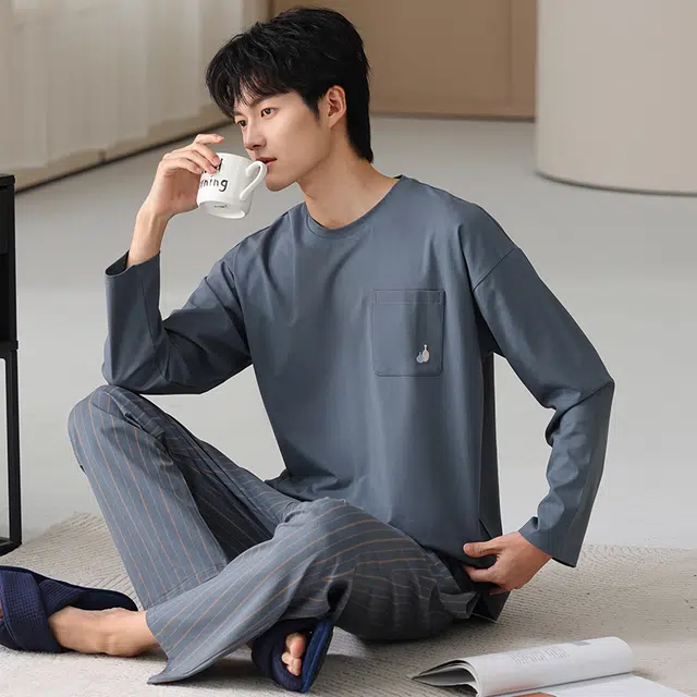 俏霓桐 春秋款简约条纹纯棉亲肤舒适休闲百搭宽松圆领长袖长裤家居服可外穿睡衣套装 男款