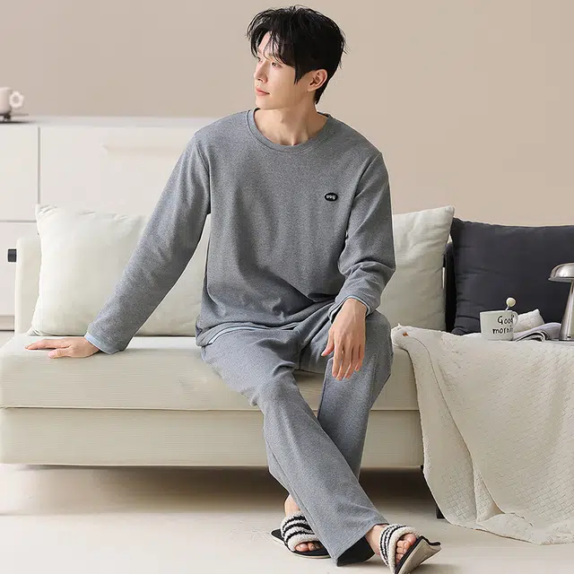 俏霓桐 时尚拼色纯棉亲肤圆领简约休闲舒适柔软长袖长裤家居服可外穿睡衣套装 男款