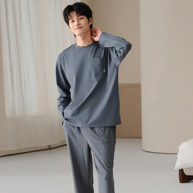 俏霓桐 春秋款简约条纹纯棉亲肤舒适休闲百搭宽松圆领长袖长裤家居服可外穿睡衣套装 男款
