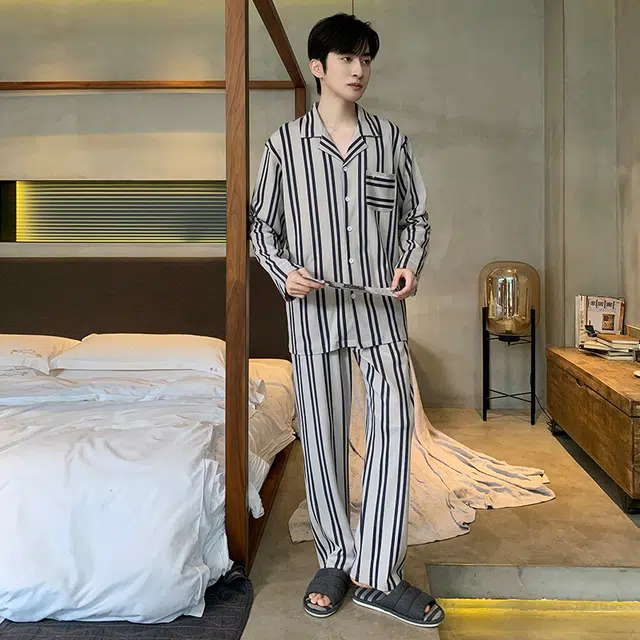 俏霓桐 时尚条纹亲肤舒适柔软长袖长裤开衫休闲可外穿睡衣套装 男款 灰色