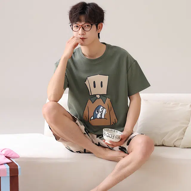 俏霓桐 时尚可爱卡通简约休闲舒适亲肤家居服可外穿夏季睡衣套装 男款 图色