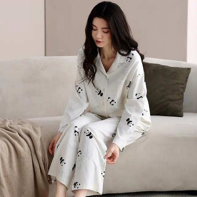 俏霓桐 春秋款可爱卡通熊猫甜美竹叶舒适纯棉亲肤长袖长裤家居服可外穿睡衣套装 女款