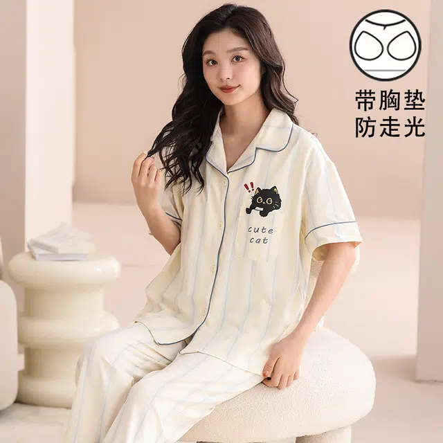 俏霓桐 薄款甜美可爱卡通简约条纹休闲棉透气亲肤带胸垫家居服可外穿睡衣套装 女款