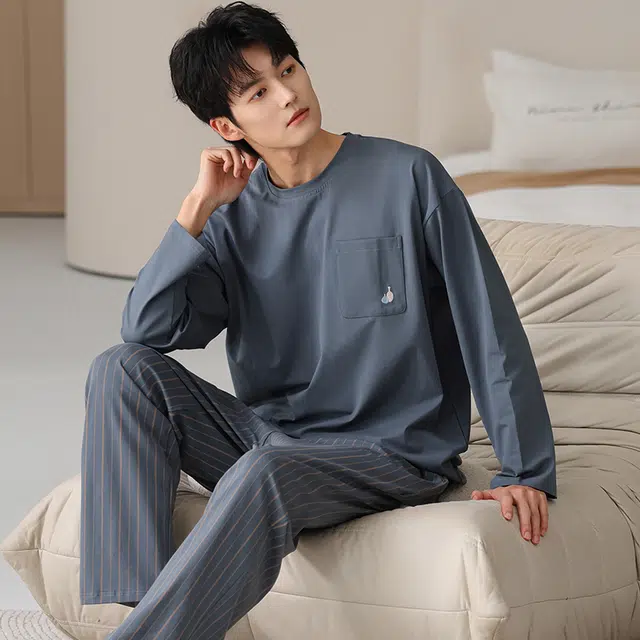 俏霓桐 春秋款简约条纹纯棉亲肤舒适休闲百搭宽松圆领长袖长裤家居服可外穿睡衣套装 男款