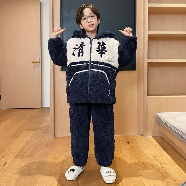 俏霓桐 保暖蓄温三层夹棉连帽长袖长裤青少年睡衣套装 男款 图片色