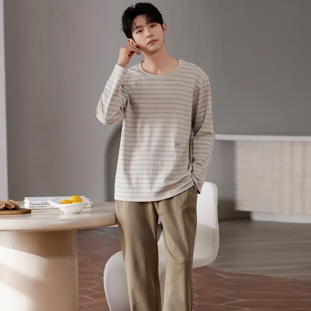 俏霓桐 简约条纹圆领纯棉亲肤舒适百搭休闲长袖长裤家居服可外穿睡衣套装 男款