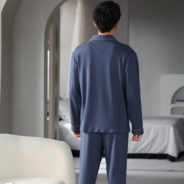 俏霓桐 简约休闲柔软舒适纯色长袖长裤可外穿睡衣套装 男款 深蓝