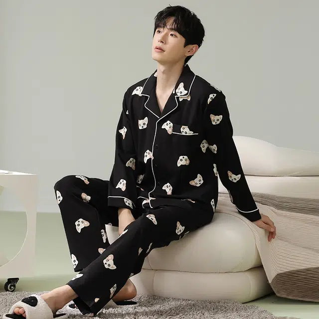 俏霓桐 时尚法斗狗可爱卡通舒适翻领休闲简约长袖长裤家居服可外穿睡衣套装 男款