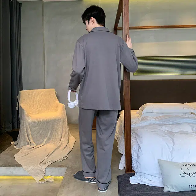 俏霓桐 简约时尚卡通亲肤舒适翻领长袖可外穿休闲长裤睡衣套装 男款 深灰色