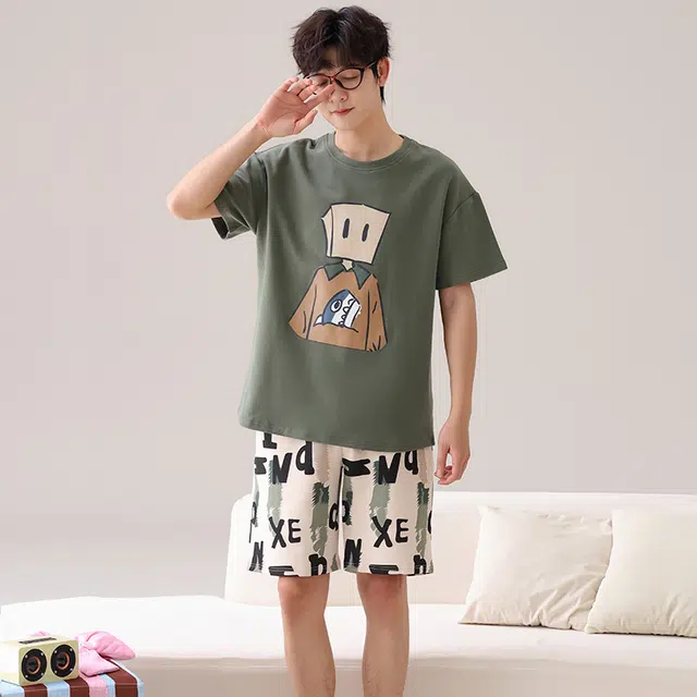 俏霓桐 时尚可爱卡通简约休闲舒适亲肤家居服可外穿夏季睡衣套装 男款 图色