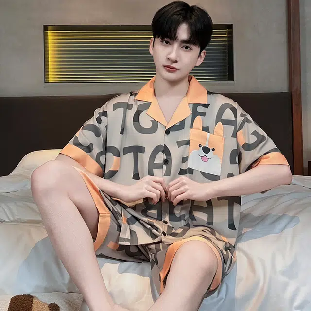 俏霓桐 时尚简约休闲可爱卡通舒适凉感家居服可外穿睡衣套装 男款 图色