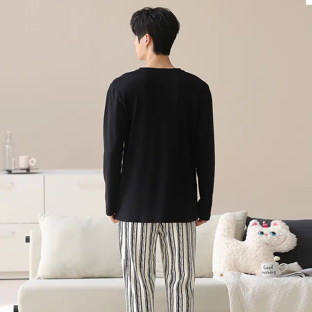 俏霓桐 可爱卡通简约条纹纯棉亲肤圆领休闲舒适百搭长袖长裤家居服可外穿睡衣套装 男款