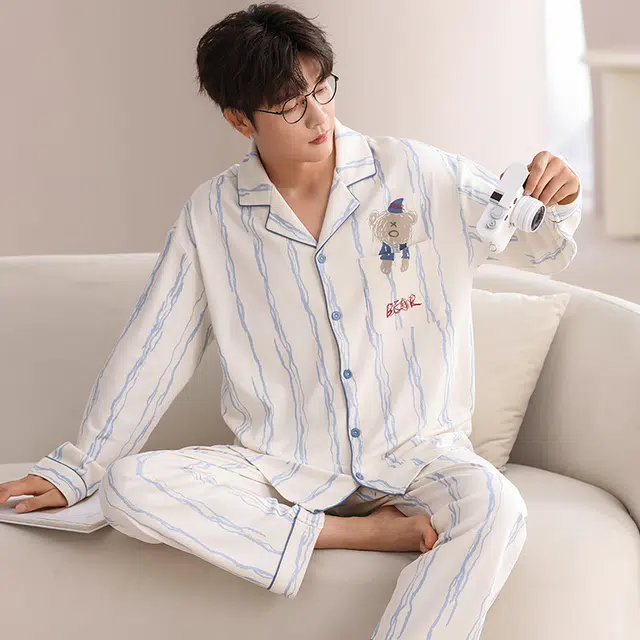 俏霓桐 时尚大方舒适亲肤翻领长袖长裤可外穿睡衣套装 男款 图色