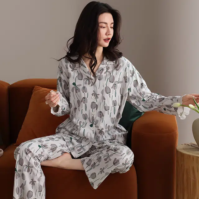 俏霓桐 春秋款复古精致花朵清新优雅甜美舒适纯棉亲肤长袖长裤家居服可外穿睡衣套装 女款
