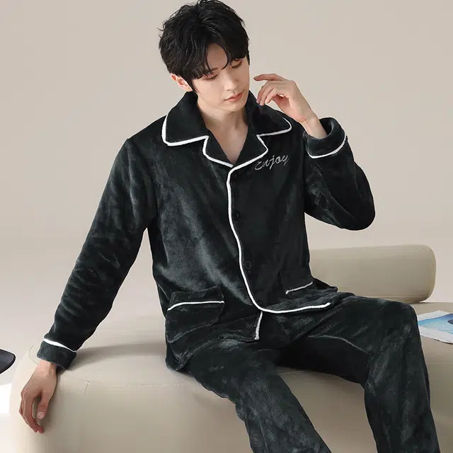 俏霓桐 时尚休闲轻奢高级感保暖蓄温法兰绒加绒加厚长袖长裤家居服可外穿睡衣套装 男款