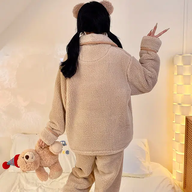 俏霓桐 精致保暖蓄温加绒加厚可爱卡通简约舒适柔软少女风家居服可外穿睡衣套装 女款