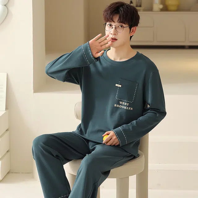 俏霓桐 春秋款简约字母纯棉亲肤轻便宽松休闲高级感长袖长裤家居服可外穿睡衣套装 男款