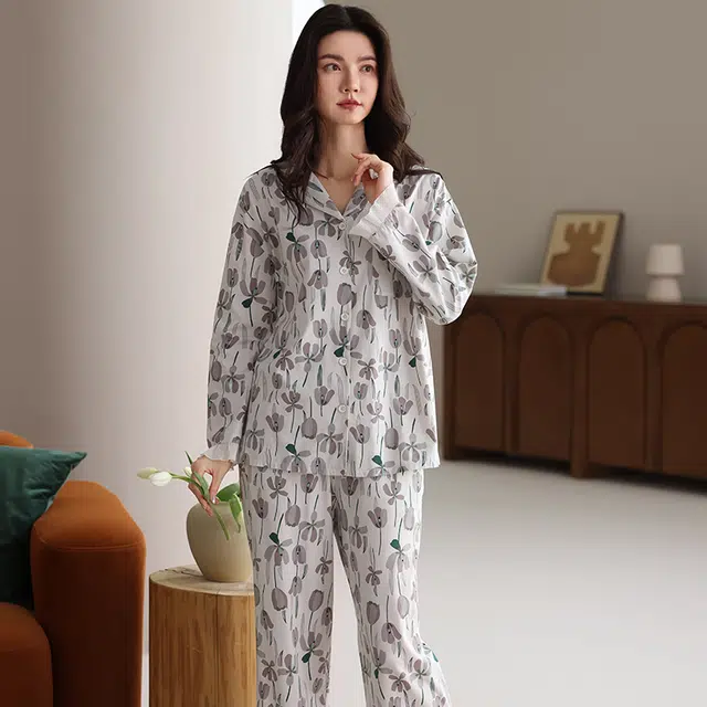 俏霓桐 春秋款复古精致花朵清新优雅甜美舒适纯棉亲肤长袖长裤家居服可外穿睡衣套装 女款