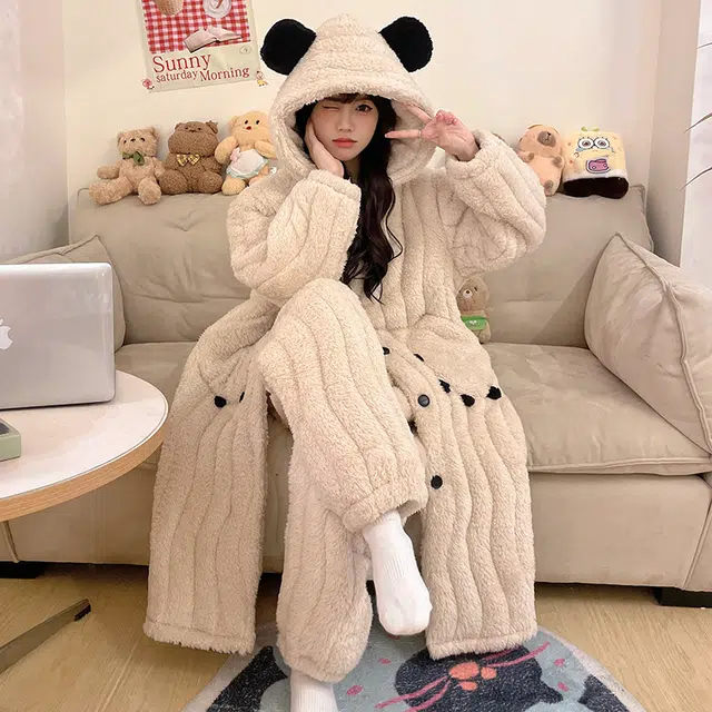 俏霓桐 保暖蓄温三层夹棉加厚连帽可爱爪子长袖长裤睡衣套装 女款 卡其色