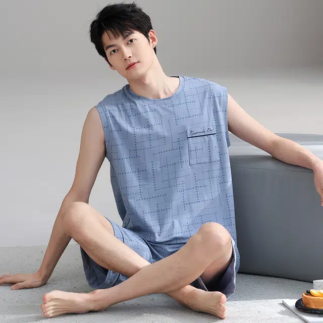 俏霓桐 夏季薄款时尚简约休闲百搭高级感棉亲肤透气无袖家居服可外穿睡衣套装 男款