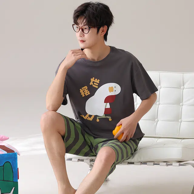 俏霓桐 时尚可爱卡通休闲简约条纹舒适家居服可外穿夏季睡衣套装 男款 图色