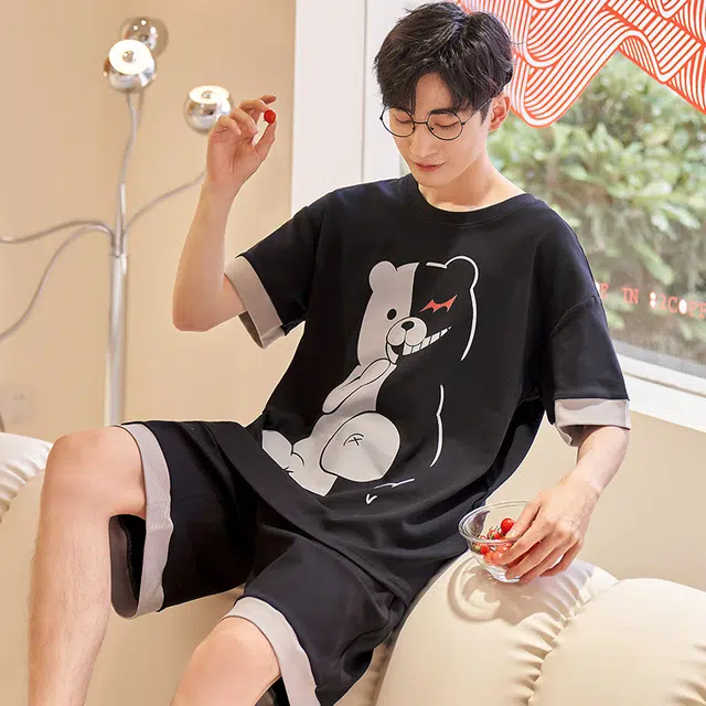 俏霓桐 时尚可爱简约休闲卡通舒适亲肤家居服可外穿睡衣套装 男款 图色