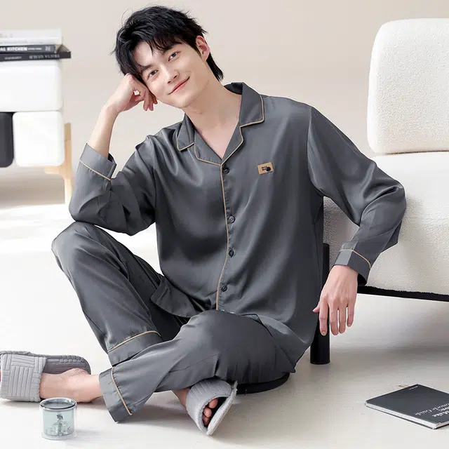 俏霓桐 简约高级感耐看舒适凉感家居服长袖长裤可外穿睡衣套装 男款 图色