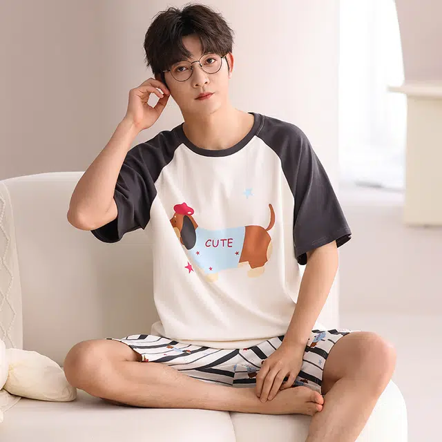 俏霓桐 可爱卡通小狗休闲简约条纹舒适家居服可外穿夏季睡衣套装 男款 图色