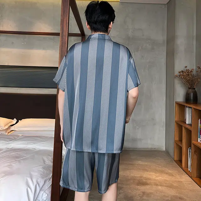 俏霓桐 时尚条纹高级感简约休闲舒适凉感家居服可外穿睡衣套装 男款 图色