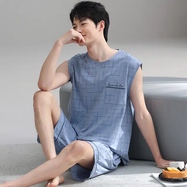 俏霓桐 夏季薄款时尚简约休闲百搭高级感棉亲肤透气无袖家居服可外穿睡衣套装 男款