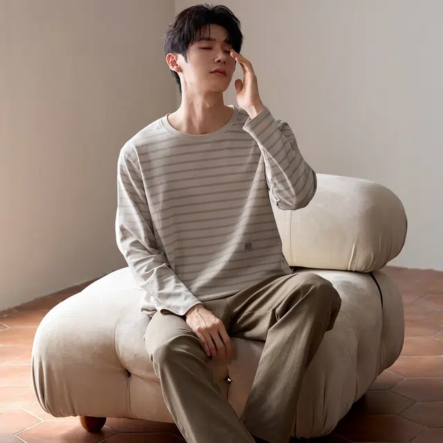 俏霓桐 简约条纹圆领纯棉亲肤舒适百搭休闲长袖长裤家居服可外穿睡衣套装 男款