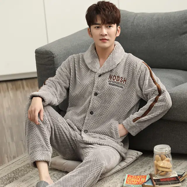 俏霓桐 加绒加厚柔软保暖防寒蓄温双口袋时尚撞色简约长袖家居服可外穿睡衣套装 男款