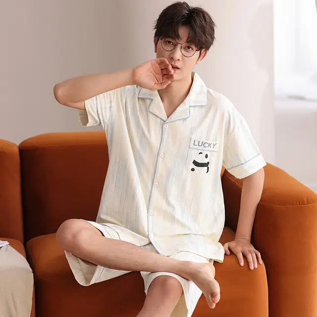 俏霓桐 简约休闲可爱卡通熊猫舒适亲肤家居服可外穿夏季睡衣套装 男款 图色