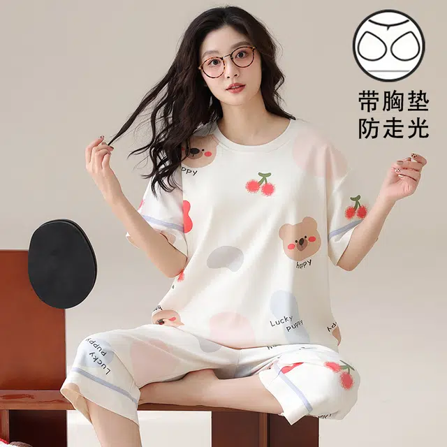 俏霓桐 甜美可爱卡通休闲舒适带胸垫七分裤家居服可外穿睡衣套装 女款 图色