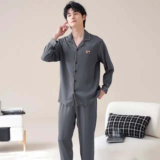 俏霓桐 简约高级感耐看舒适凉感家居服长袖长裤可外穿睡衣套装 男款 图色