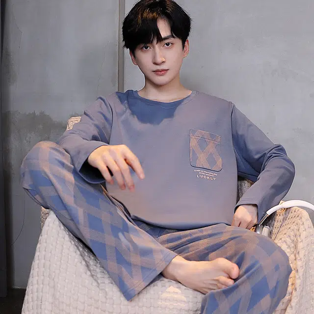 俏霓桐 春秋款经典简约格子纯棉亲肤休闲百搭青少年长袖长裤家居服可外穿睡衣套装 男款