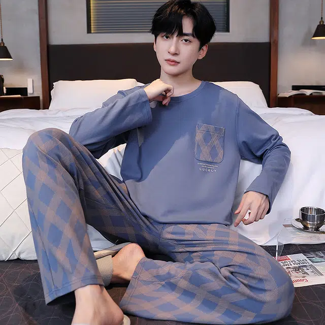 俏霓桐 春秋款经典简约格子纯棉亲肤休闲百搭青少年长袖长裤家居服可外穿睡衣套装 男款