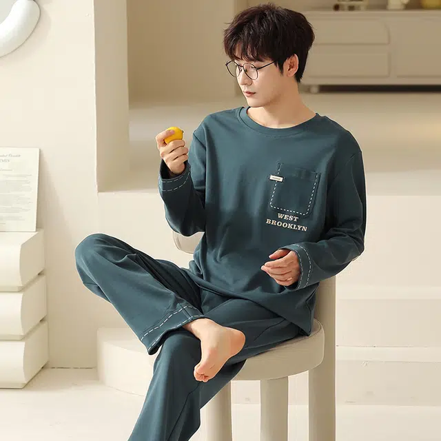 俏霓桐 春秋款简约字母纯棉亲肤轻便宽松休闲高级感长袖长裤家居服可外穿睡衣套装 男款