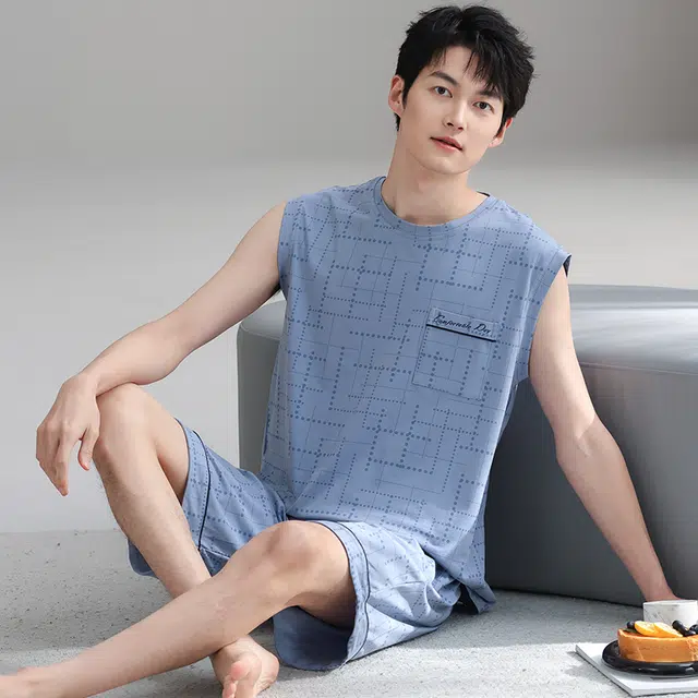 俏霓桐 夏季薄款时尚简约休闲百搭高级感棉亲肤透气无袖家居服可外穿睡衣套装 男款