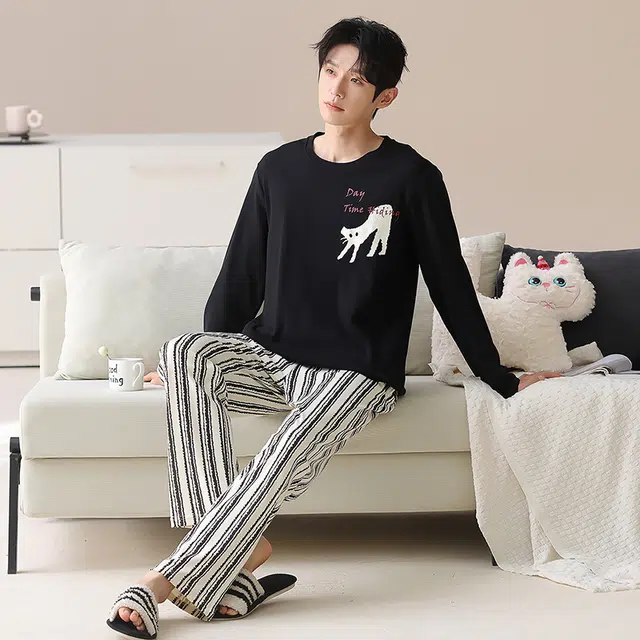 俏霓桐 可爱卡通简约条纹纯棉亲肤圆领休闲舒适百搭长袖长裤家居服可外穿睡衣套装 男款