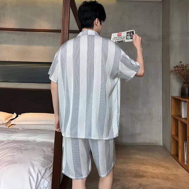 俏霓桐 时尚简约条纹休闲高级舒适凉感家居服可外穿夏季睡衣套装 男款 图色