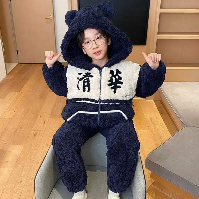 俏霓桐 保暖蓄温三层夹棉连帽长袖长裤青少年睡衣套装 男款 图片色