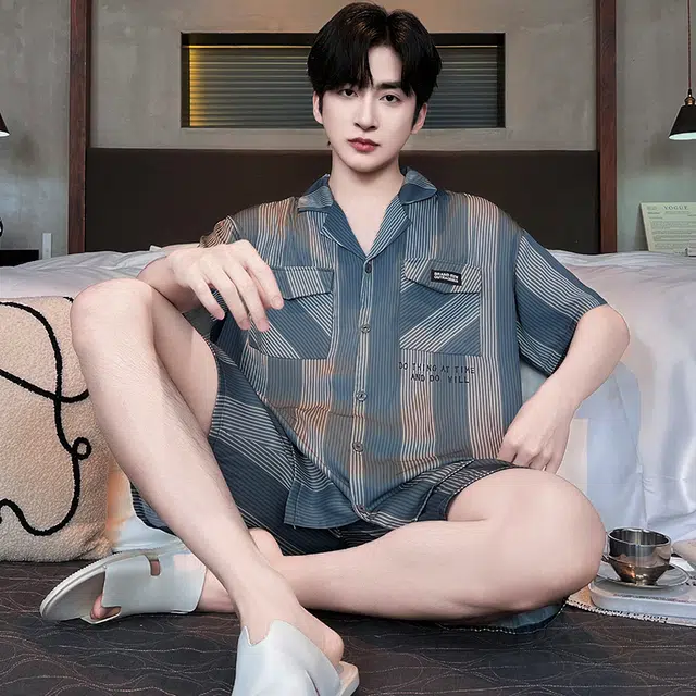 俏霓桐 时尚条纹高级感简约休闲舒适凉感家居服可外穿睡衣套装 男款 图色