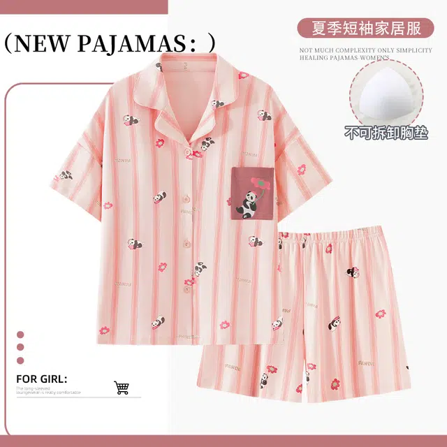 俏霓桐 夏季可爱卡通熊猫甜美少女粉条纹舒适休闲带胸垫家居服可外穿睡衣套装 女款