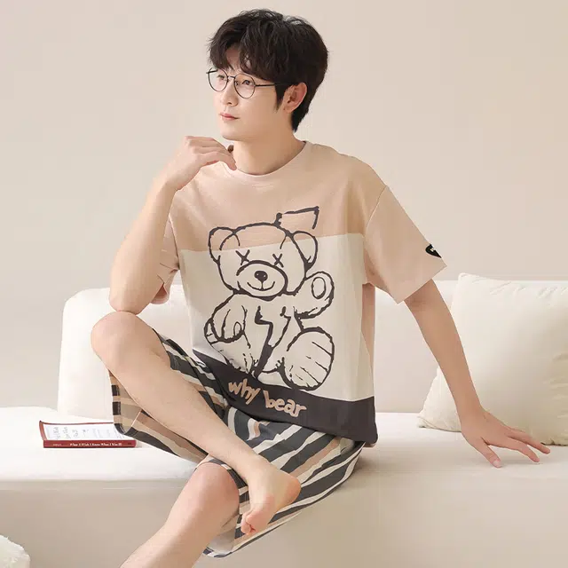 俏霓桐 时尚可爱卡通简约休闲舒适亲肤家居服可外穿睡衣套装 男款 图色