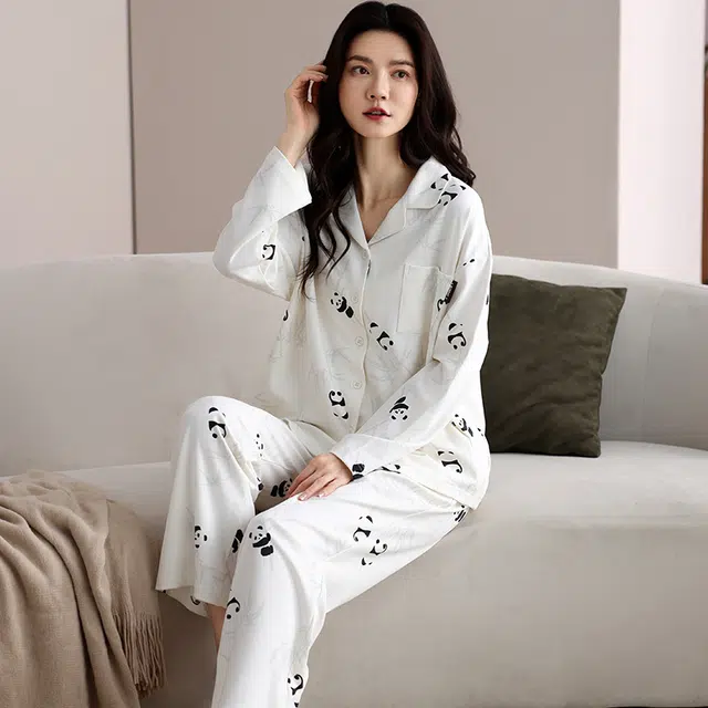 俏霓桐 春秋款可爱卡通熊猫甜美竹叶舒适纯棉亲肤长袖长裤家居服可外穿睡衣套装 女款