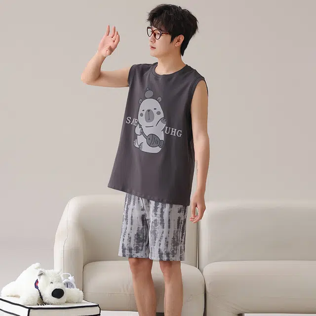 俏霓桐 简约可爱卡通时尚休闲舒适无袖家居服可外穿夏季睡衣套装 男款 图色