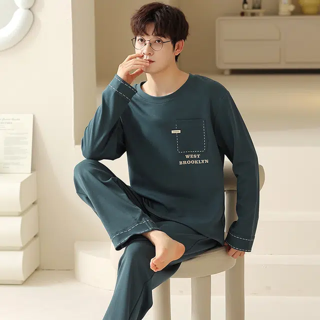俏霓桐 春秋款简约字母纯棉亲肤轻便宽松休闲高级感长袖长裤家居服可外穿睡衣套装 男款