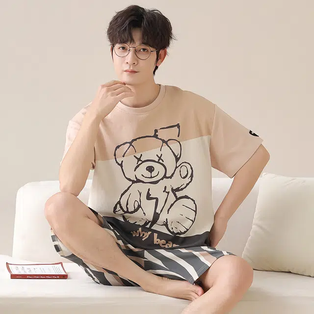 俏霓桐 时尚可爱卡通简约休闲舒适亲肤家居服可外穿睡衣套装 男款 图色