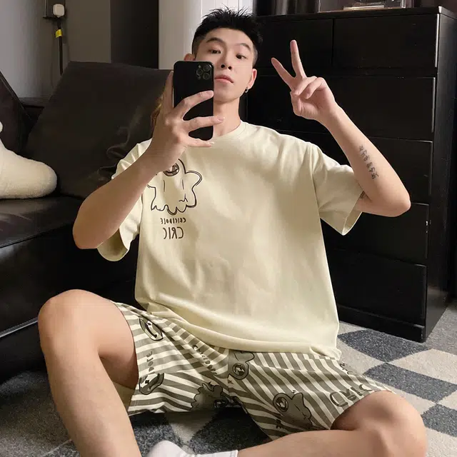 俏霓桐 薄款时尚搞怪可爱卡通简约休闲舒适透气家居服可外穿夏季睡衣套装 男款